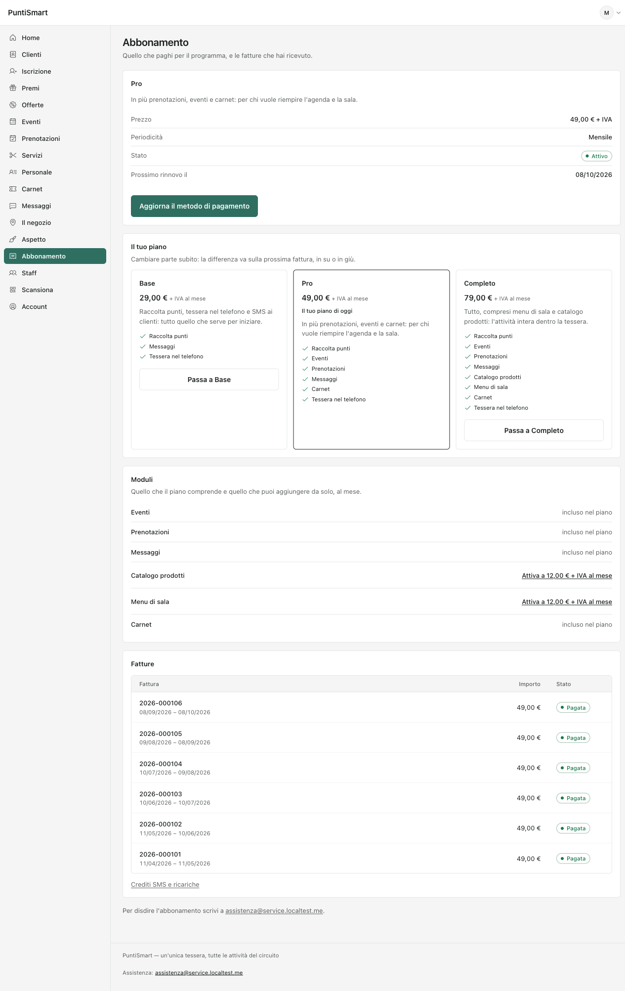 The subscription: Pro, active, six paid invoices